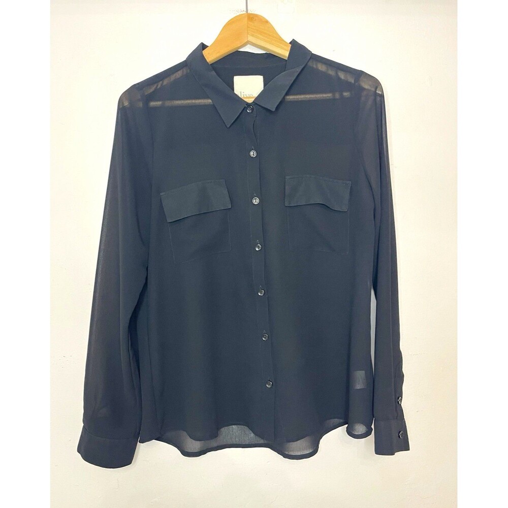 Olive & Oak Women's M Black Sheer Chiffon Collared Button-Up Long Sleeve Blouse